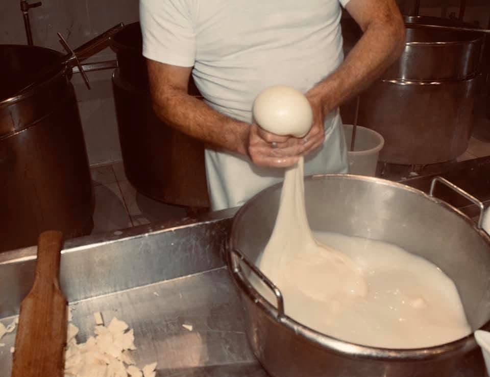 Un fromager façonne une boule de mozzarella à la main, au-dessus de la cuve en inox